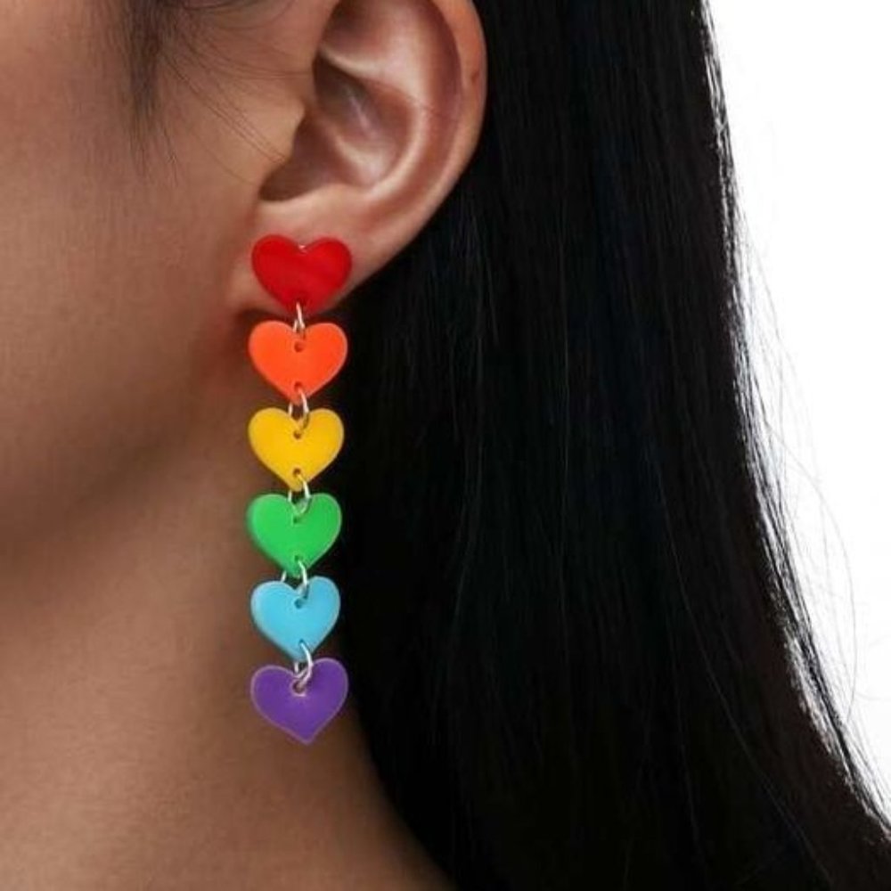 Rainbow heart charm drop earrings New